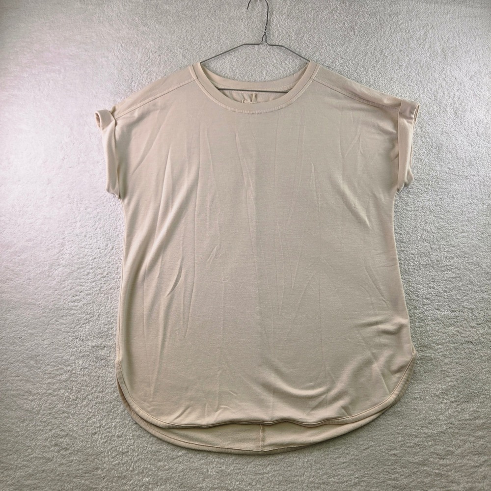 Cupio Blush Womens Large Beige Short Sleeve Rolled Cuff Curved Hem Top L